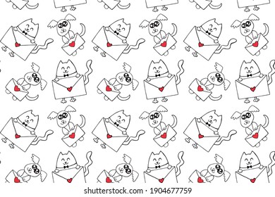 Cute contour little dogs and cats with love letters and hearts. Vector Seamless pattern. Hand drawn doodle. Background and texture on theme of Valentine's Day, sending and receiving post