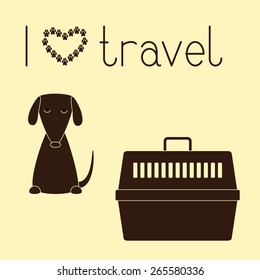 Cute contoured sitting dog, plastic pet carrier with handle and lettering I love travel isolated on yellow background. Concept illustration of pet carrying and traveling with pets