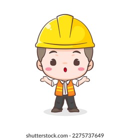 Cute Contractor or architecture Cartoon Character asking questions. People Building Icon Concept design. Isolated Flat Cartoon Style. Vector art illustration