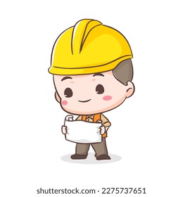 Cute Contractor or architecture Cartoon Character reading work plan. People Building Icon Concept design. Isolated Flat Cartoon Style. Vector art illustration