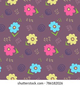 Cute contrast dark doodle floral seamless pattern. Lovely naive childish texture with yellow, pink and blue flowers, lines and blotches for childrens textile, wrapping paper, surface, background