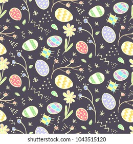 Cute contrast doodle Happy Easter seamless pattern with funny color eggs, flowers, lines and dots. Dark ornate spring hand drawn texture for Easter package, wrapping paper, textile, greeting cards