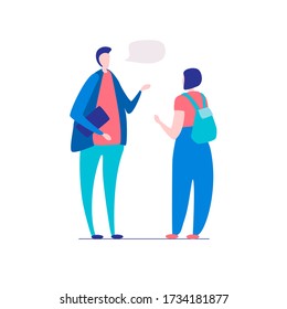 Cute conversation of students, freelancers. A man and a woman talking. A break in work, a  in college.  Vector Illustration,  flat style, isolated on white background.