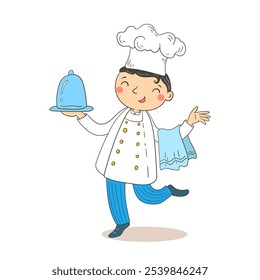Cute cook, chef with a dish. Hand drawn vector illustration