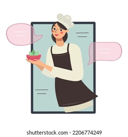 A cute cook girl comes out of the tablet. Vector isolated illustration. Cute blogger woman serving salad.Healthy food concept. Cartoon flat style Cooking template with speech bubble and place for text