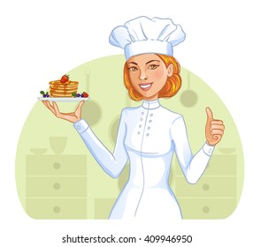 Cute cook girl with pancakes on plate, vector image, eps10 