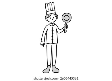 Cute cook in restaurant with frying pan