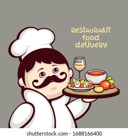 Cute cook with tasty dinner vector illustration. Nicoise Salad with tomato soup and glass of white wine. Template for Restaurant food delivery menu.