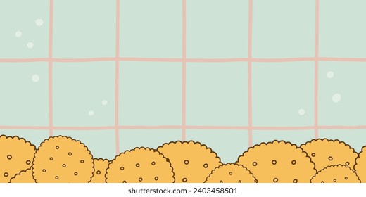 Cute cookie border kawaii background banner with copy space. Hand drawn vector grid with biscuits and texture
