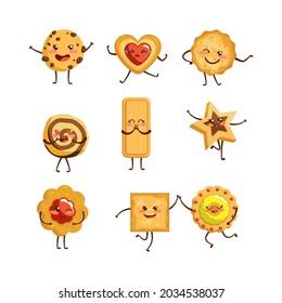 Cute cookie cartoon characters vector illustrations set. Different funny biscuits, crackers and shortbreads of circle, square or heart shape isolated on white background. Food, dessert, bakery concept