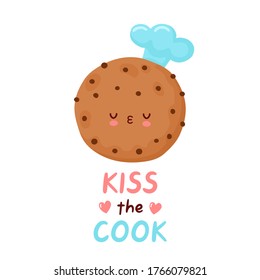 Cute cookie character. Isolated on white background. Vector cartoon character hand drawn style illustration. Kiss the cook print design