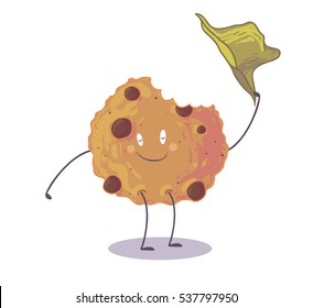 cute cookie with chocolate chips takes off his hat and says "hi". Cartoon vector illustration. Good for t-shirt design.