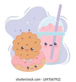 cute cookie and donut milkshake kawaii cartoon character vector illustration