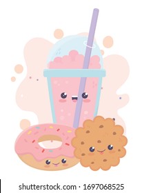 cute cookie donut and milkshake kawaii cartoon character vector illustration