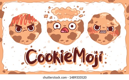 Cute Cookie Emoji Character With Emotions: Angry, Fury, Shocked, Horrified. Hand Drawn Vector Illustration In Cartoon Style