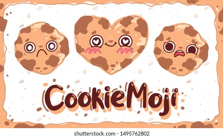 Cute Cookie Emoji character with emotions: in love, sad, offended. Hand drawn vector illustration in cartoon style