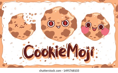 Cute Cookie Emoji character with emotions: evil, happy, smiling, broken. Hand drawn vector illustration in cartoon style