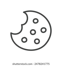 Cute cookie icon. Hand drawn monochrome illustration of a traditional chocolate chip cookie isolated on a white background. Kawaii sticker. Vector 10 EPS.