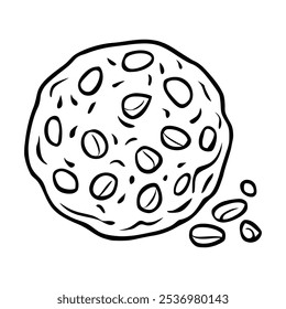 Ícone de cookie bonito. Ilustração monocromática desenhada à mão de um biscoito de chocolate tradicional isolado em um fundo branco. Adesivo Kawaii. Vetor 10 EPS.