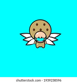 The cute cookie mascot character vector design has wings wearing a mask