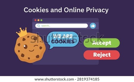 Cute cookie mascot presents the choose option between accept and reject buttons on a web browser cookie consent pop-up.