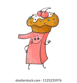 Cute cookie number one 1 character with delicious cake, biscuit on its head. Typographic humanized symbol with hands, arm and face emotions. Kids birthday holiday party font sign. Vector illustration