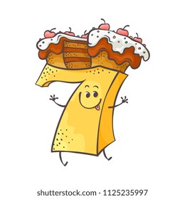 Cute cookie number seven 7 character with delicious cake, biscuit on its head. Typographic humanized symbol with hands arm and face emotions. Kids birthday holiday party font sign. Vector illustration