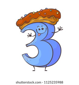 Cute cookie number three 3 character with delicious donut at his head. Typographic humanized symbol with hands, arm and face emotions. Kids birthday holiday party font sign. Vector illustration