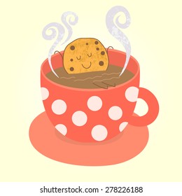 Cute cookie relaxing in hot red cup of tea. Vector illustration.