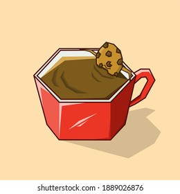 Cute Cookie soaking in a warm coffee Cartoon Vector Icon Illustration. Coffee Icon Concept Isolated Premium Vector. Flat Cartoon Style