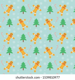 Cute cookieman and candy stick in winter season. Holiday cartoon vector. Winter season background.