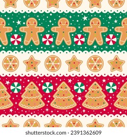 Cute cookies, candy with snow and star seamless striped pattern design for christmas holidays background.