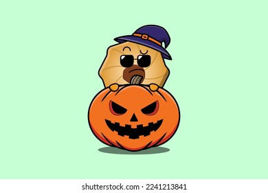 Cute Cookies cartoon character hiding in pumpkin halloween illustration in flat modern design