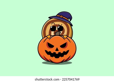 Cute Cookies cartoon character hiding in pumpkin halloween illustration in flat modern design