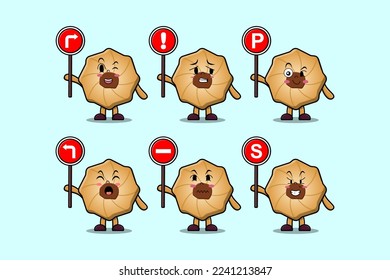 Cute Cookies cartoon character holding traffic sign illustration in modern 3d style design