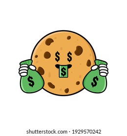 cute cookies cartoon mascot character funny expression with money eye and holding money pouch