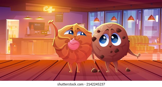 Cute cookies characters in coffee shop. Vector cartoon illustration of happy sweet pastry, shortbread and chocolate biscuits on wooden table in cafe or restaurant