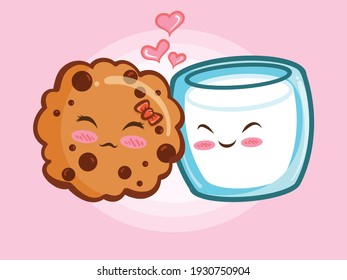 Cute cookies choco chips and milk glass couple concept. cartoon