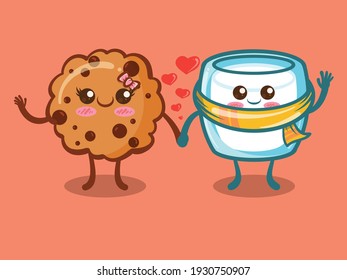 Cute cookies choco chips and milk glass couple concept. cartoon