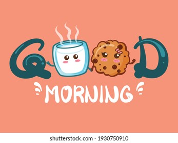 Cute cookies choco chips and milk glass. good morning concept. cartoon