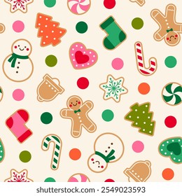 Cute cookies with colorful polka dot pattern design for christmas holidays background.