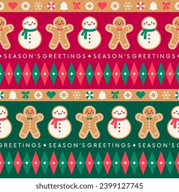 Cute cookies and geometric symbol with seamless striped pattern design for christmas holidays background.