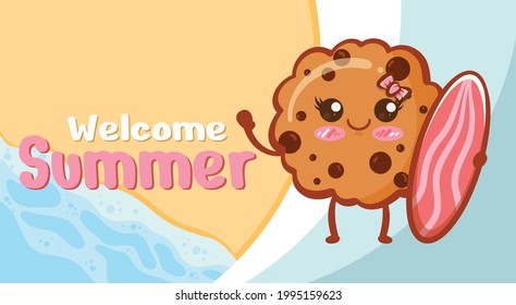 cute cookies holding surfing board with a summer greeting banner.
