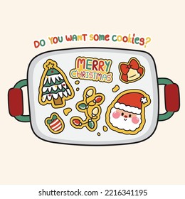 Cute cookies in merry christmas concept.Cooking and dessert.Santa claus,tree,ligh,bell hand draw.Winter.New year festival.Image for card,poster,sticker.Kawaii.Vector.Illustration.