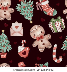 cute cookies pine tree gift box seamless new year pattern