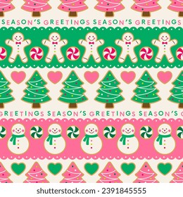 Cute cookies with seamless striped pattern design for new year and christmas holidays background.