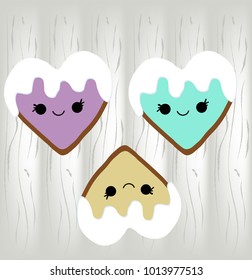 Cute cookies in the shape of hearts on wooden background