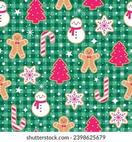 Cute cookies and snow with plaid pattern design for christmas holidays background.