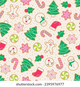 Cute cookies with snow seamless pattern design for christmas holidays background.