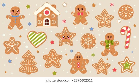 Cute cookies vector set. Christmas gingerbread cookie flat cartoon set. New year sweet gingerbread man, hearts, star, house, candy, snowflakes, Christmas tree.